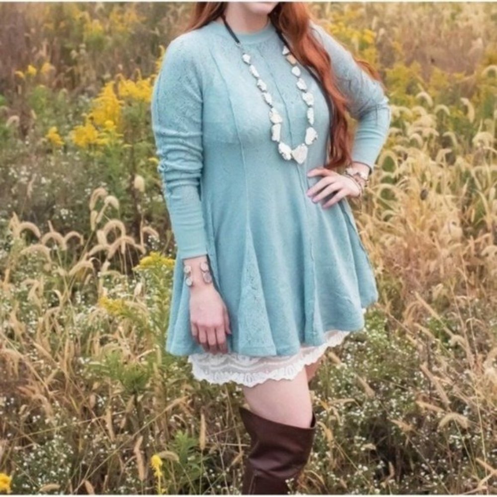 Free People Knit Tunic Sweater Dress Astral Sea Light Teal MSRP $128